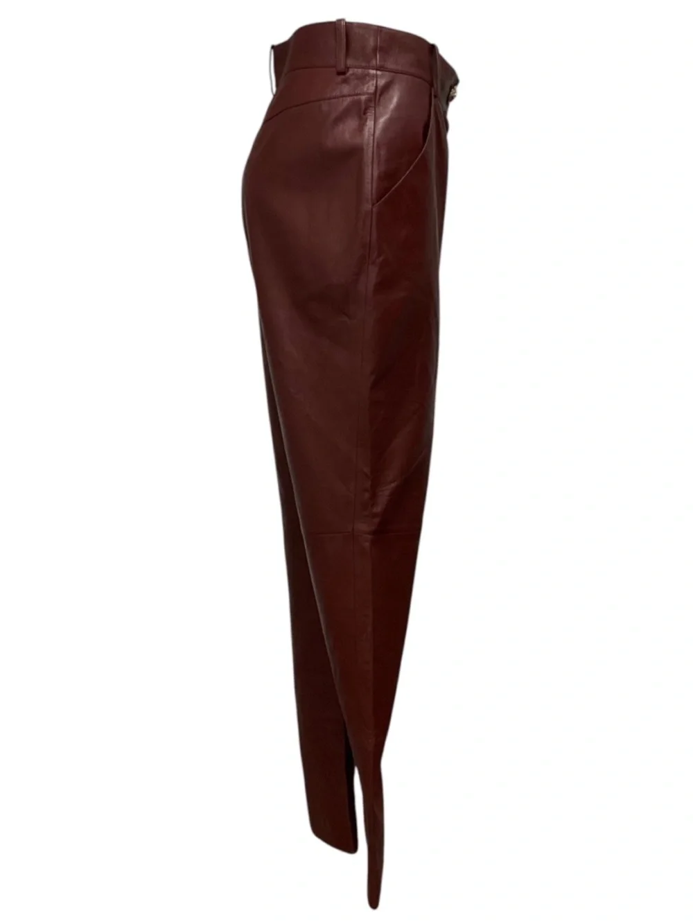 CHANEL BURGUNDY 2022 SILK LINED LAMBSKIN LEATHER PANTS WITH CC LOGO JEWEL BUTTON